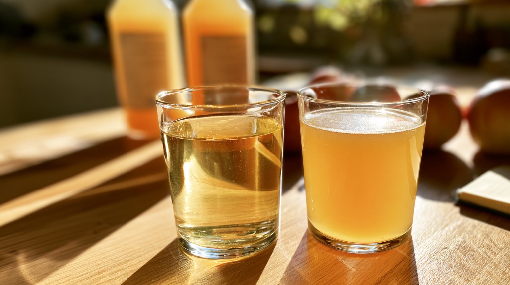 Clear and cloudy apple cider served side by side in two glasses