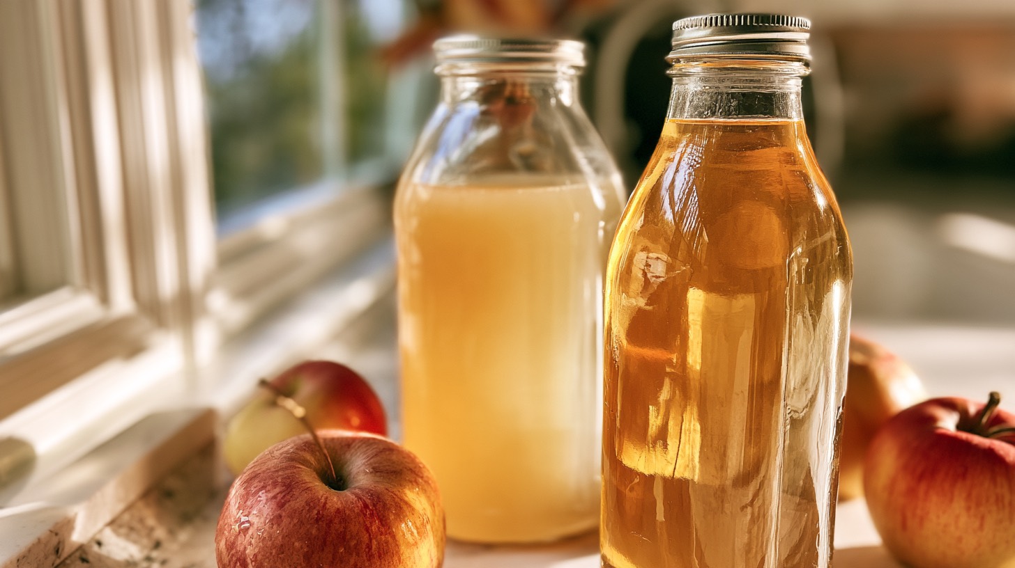 Cloudy and clear apple juice in two unbranded glass bottles beside apples