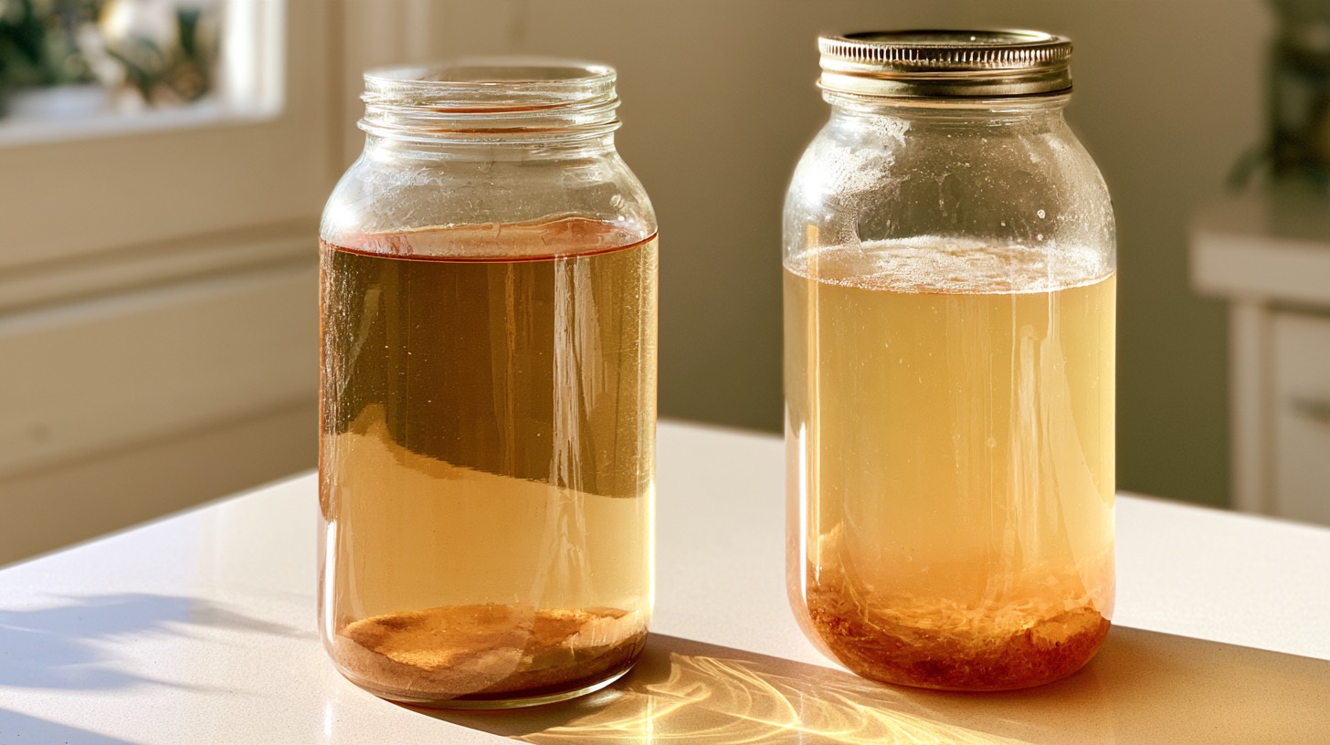 Two vessels of apple cider with visibly different clarity and sediment layers