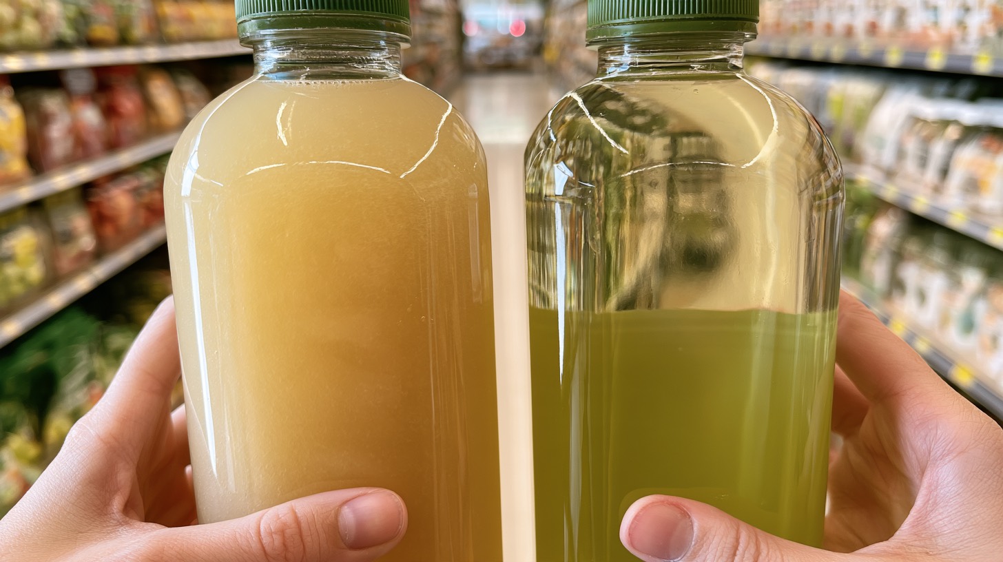 A shopper comparing cloudy and clear unbranded apple juice bottles in a grocery aisle