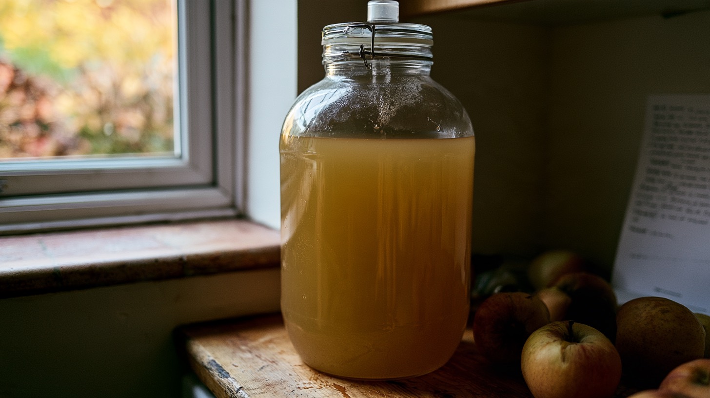 A small glass fermenter of cloudy apple cider standing beside a kitchen window