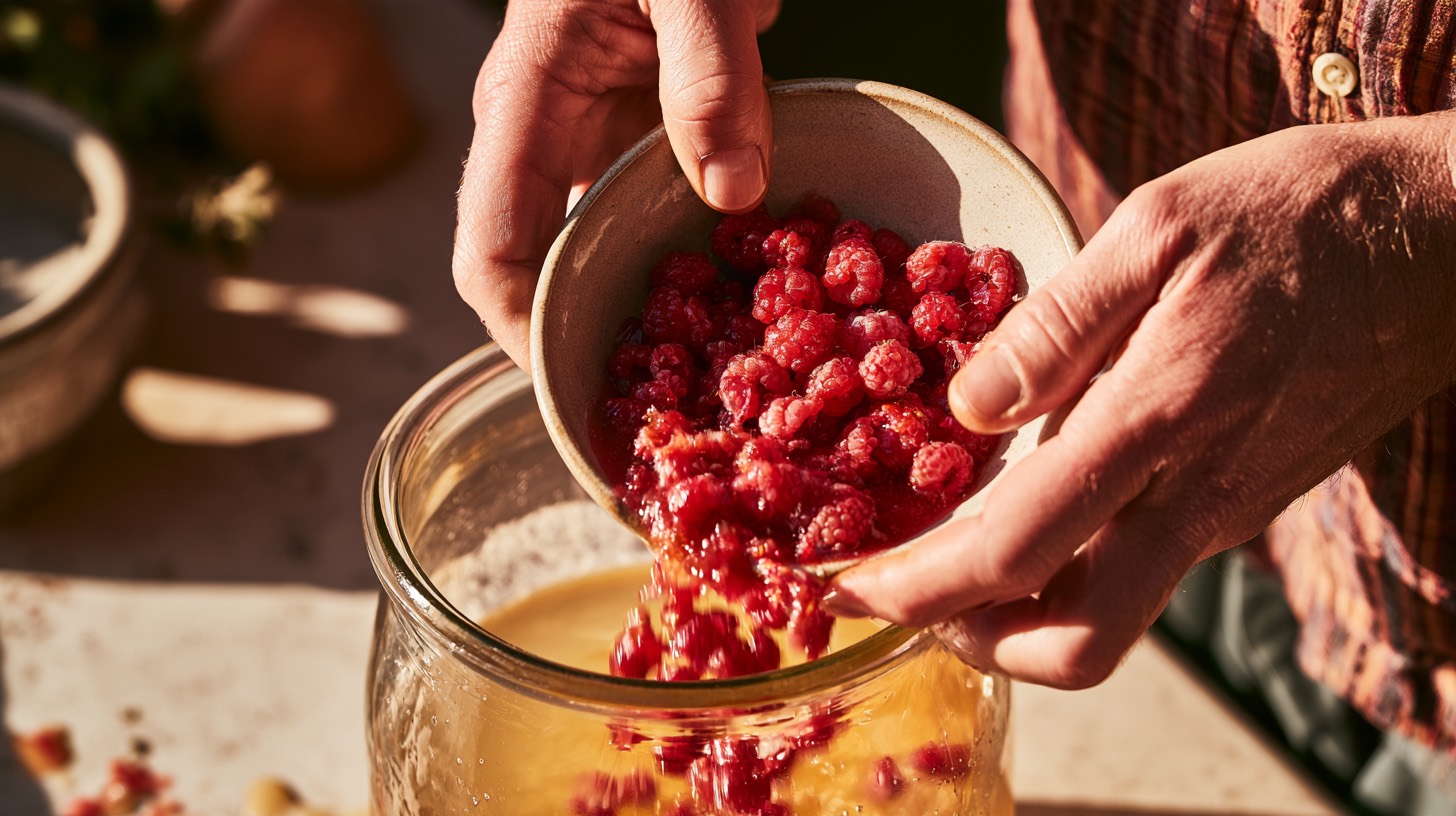 A home fermenter adding thawed raspberries to pale golden young melomel