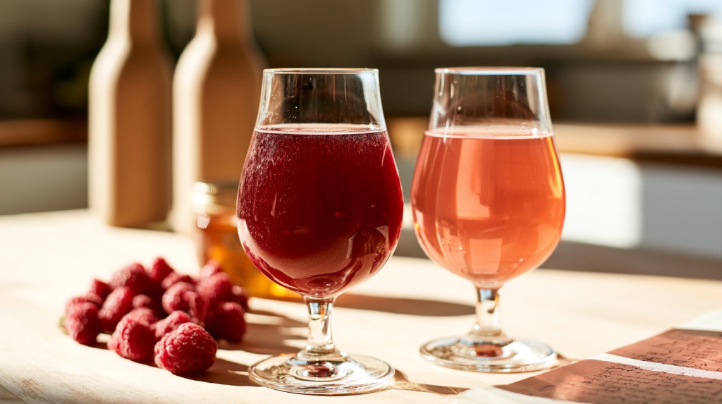 Two tasting glasses showing a deep red and a pale pink raspberry melomel