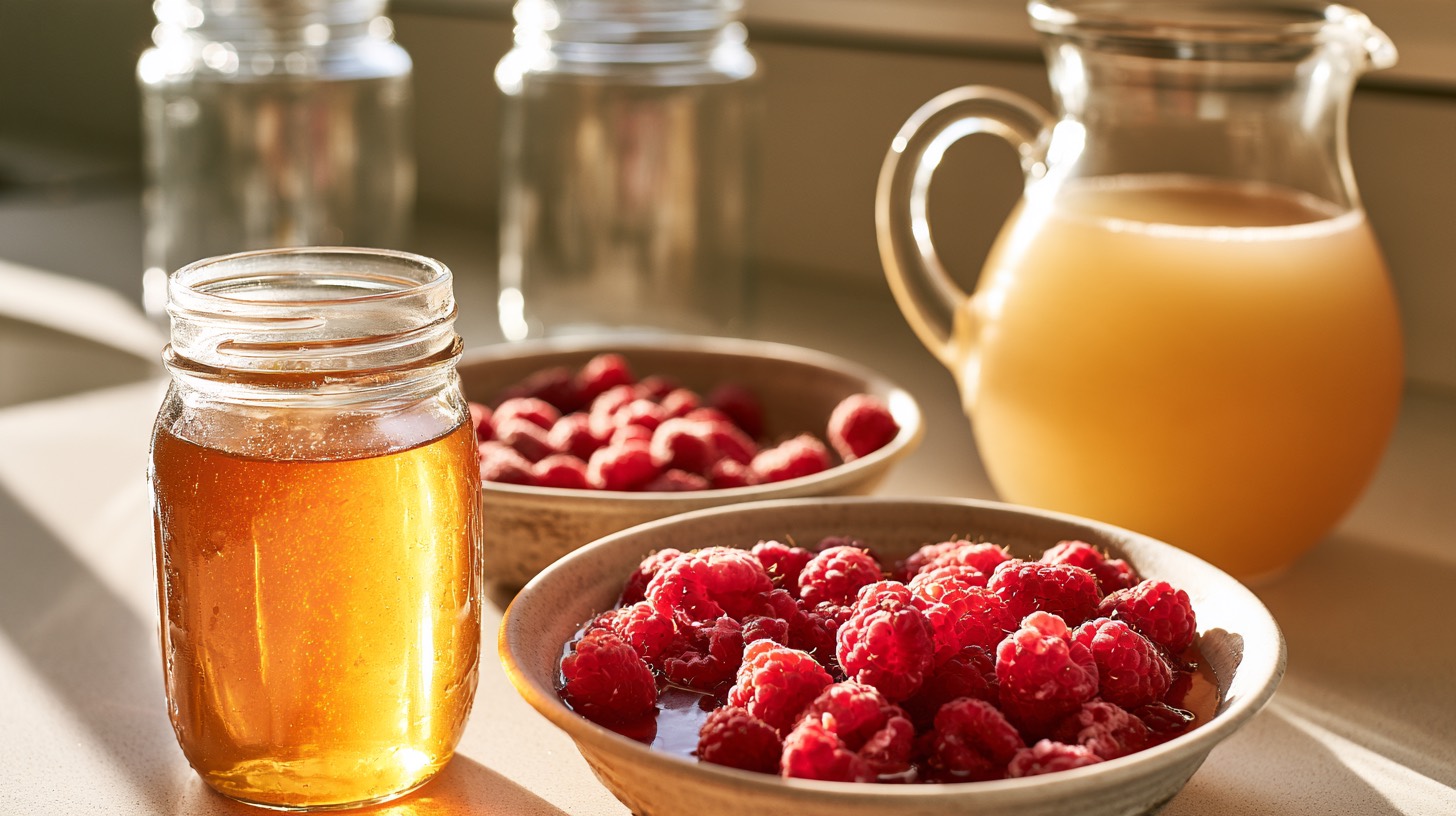 Wildflower honey, raspberries, and cloudy apple juice arranged in a bright home kitchen