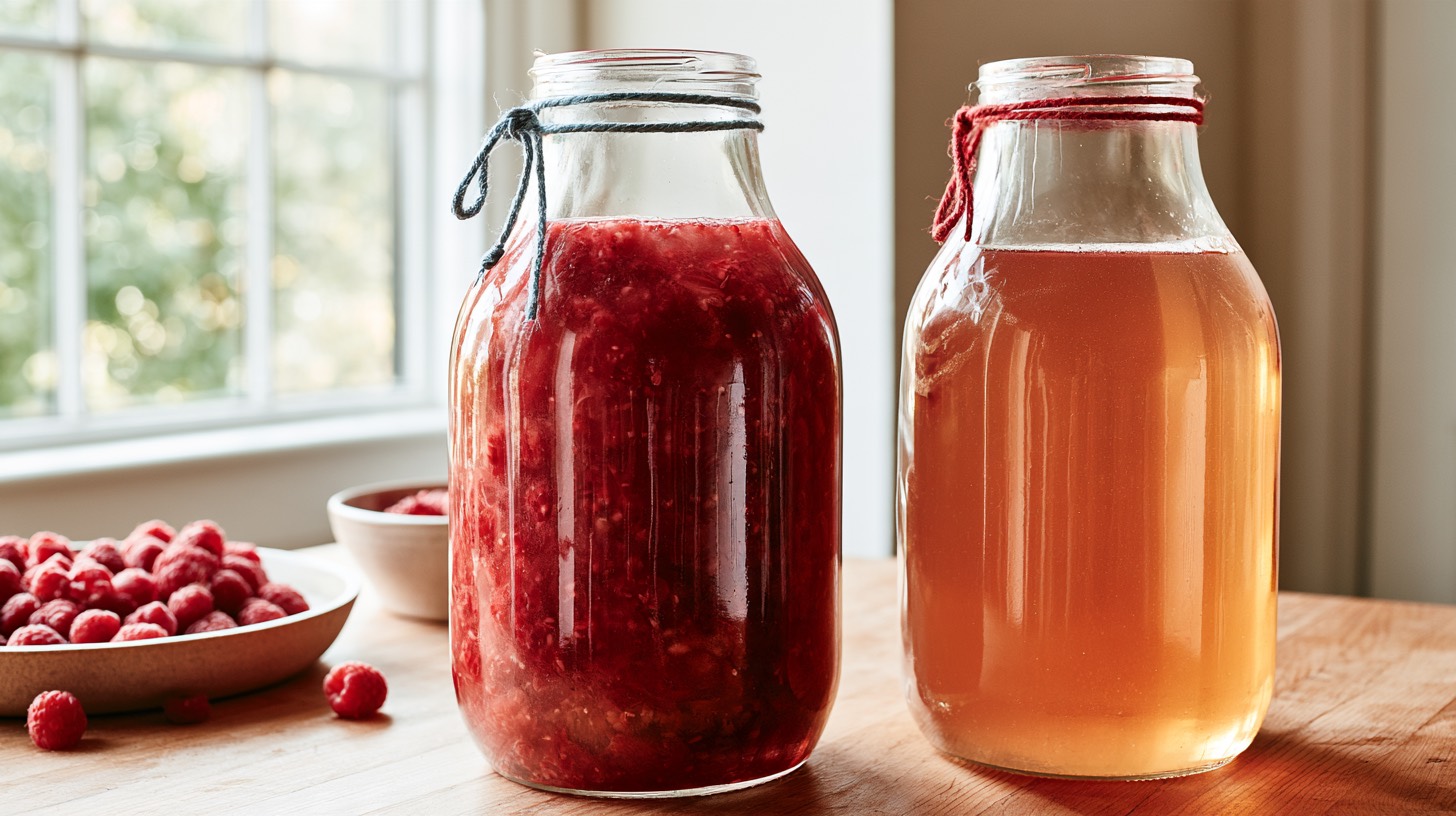 Two glass vessels holding differently colored raspberry melomels