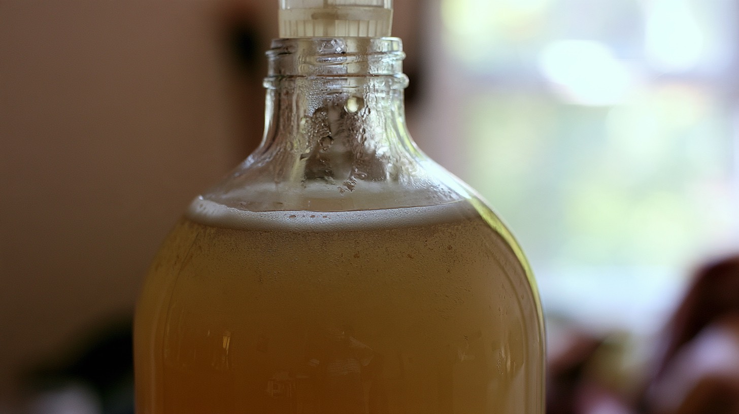 A close view of a thin foam ring and condensation inside an active cider fermenter
