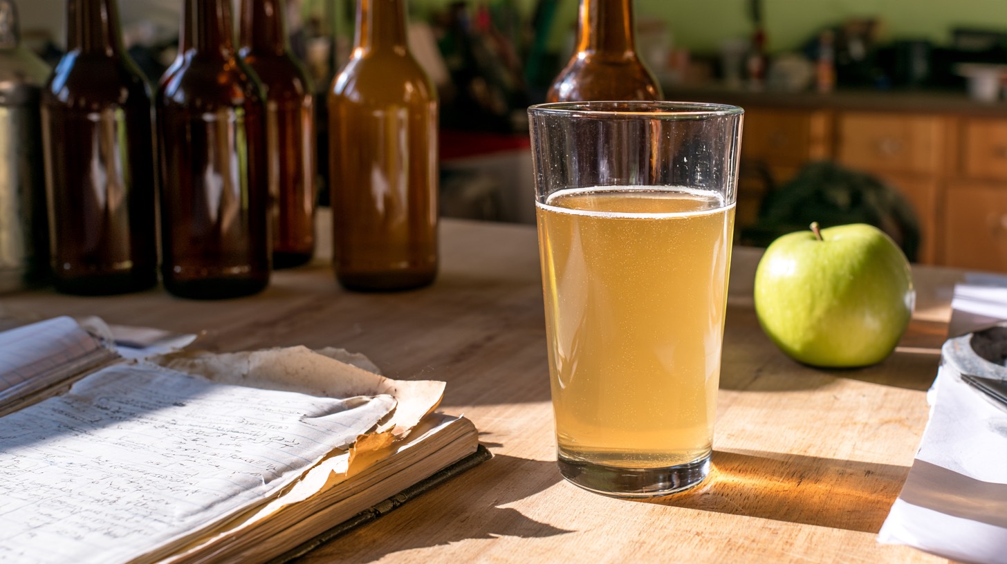 A glass of pale finished cider on a worktable with brown bottles, an apple, and a notebook