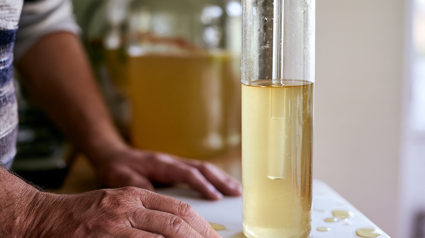 A hydrometer floating in a testing cylinder filled with pale cider