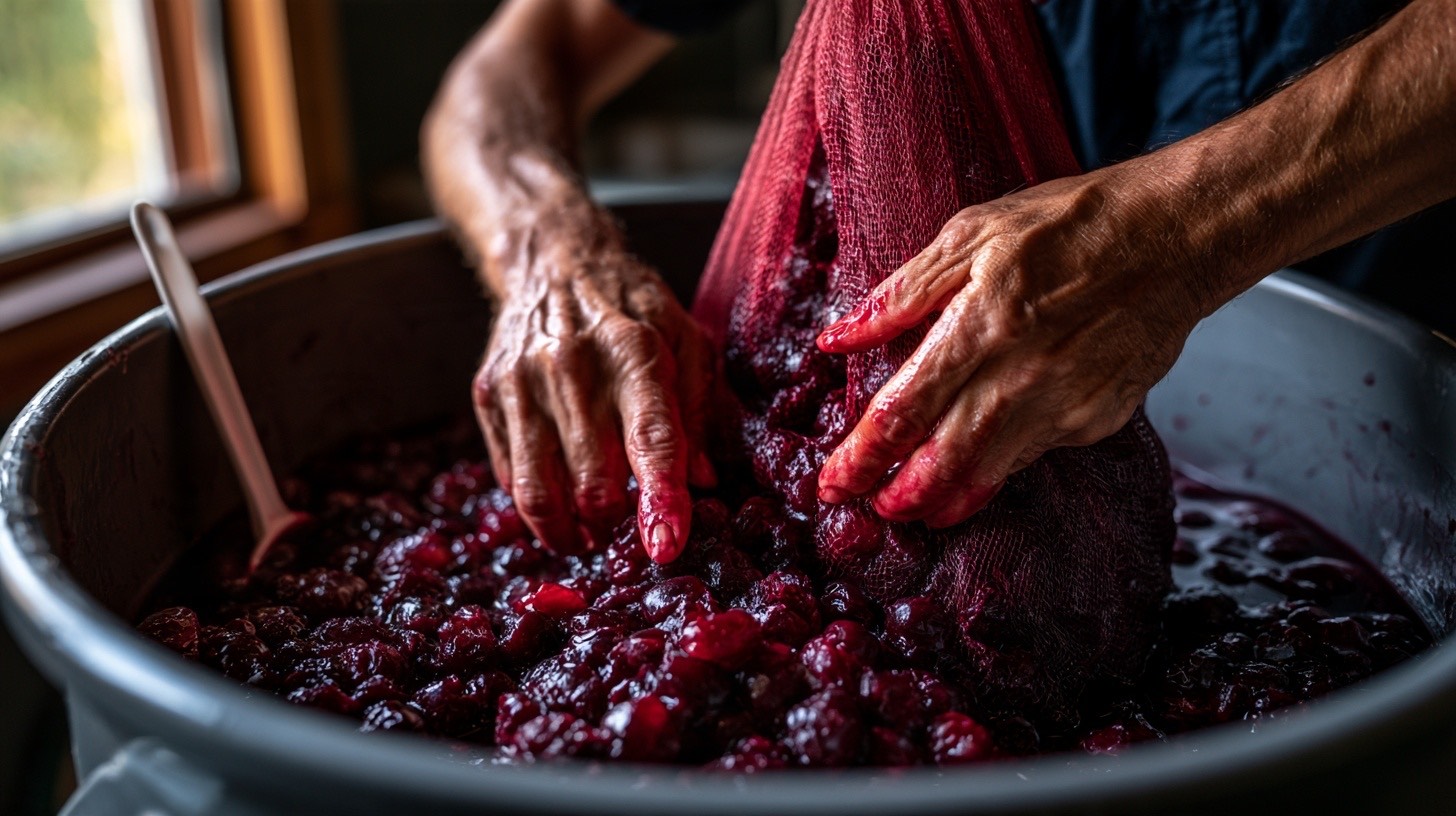 A home winemaker gently pressing thawed cherries inside a mesh bag in a food-safe bucket