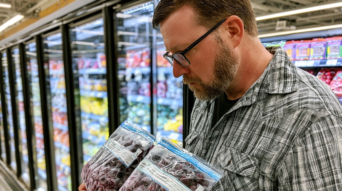 A shopper comparing bags of frozen cherries in a grocery-store freezer aisle