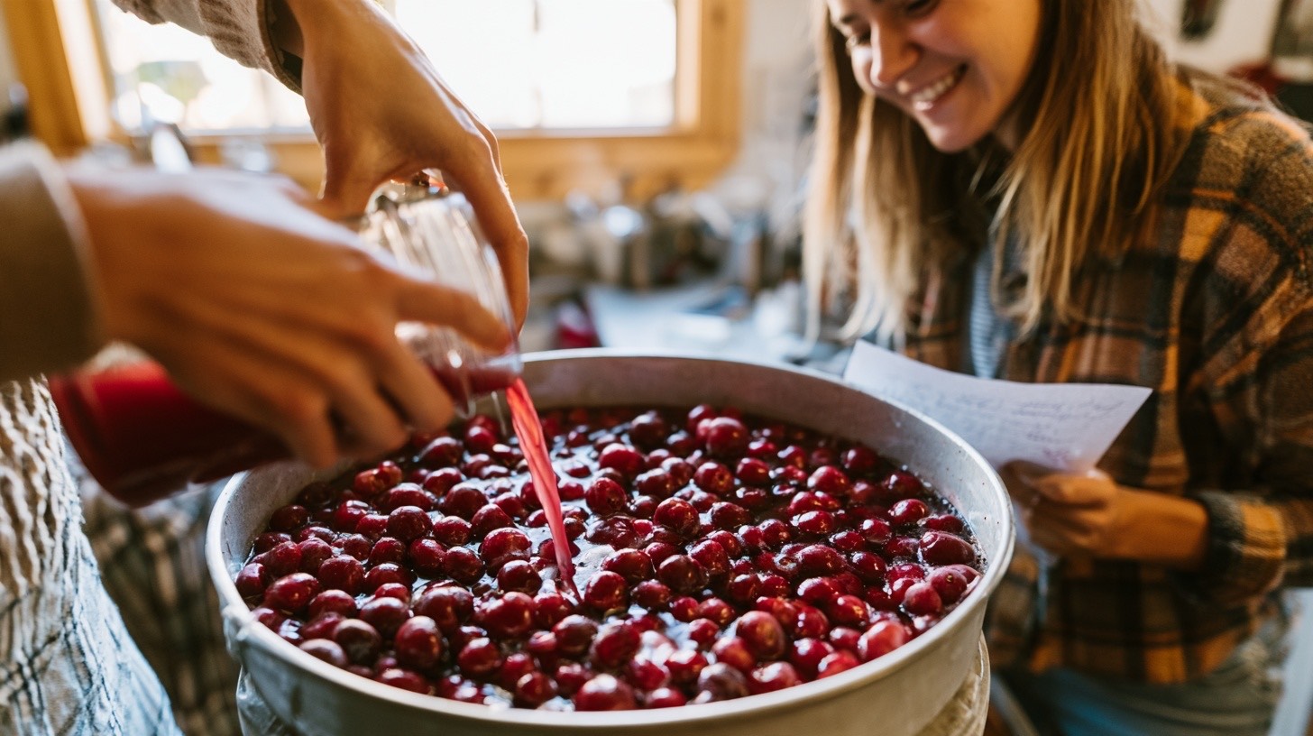 Two people preparing thawed cherries for a small batch of fruit wine in a home kitchen