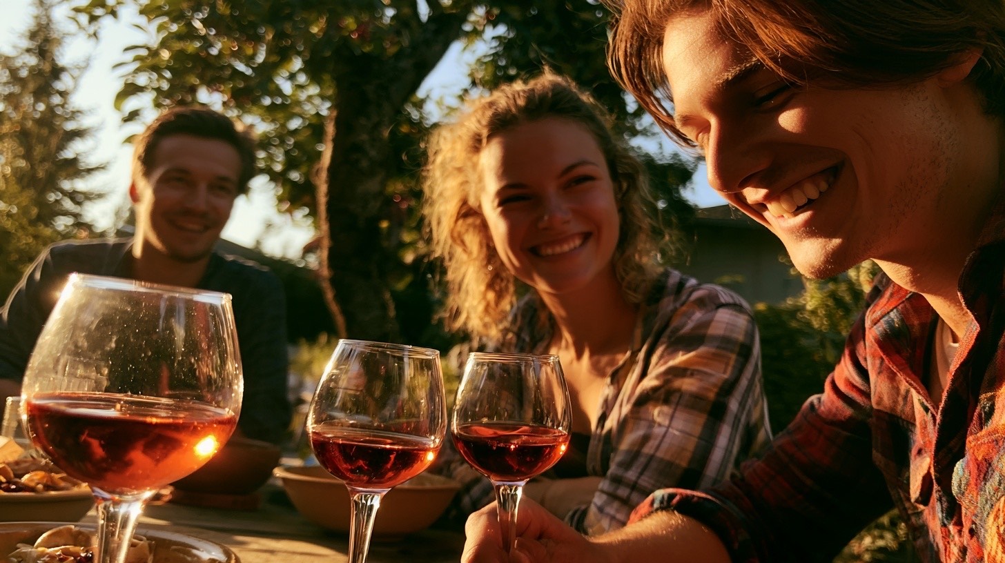 Friends tasting ruby cherry wine together at a sunny backyard table