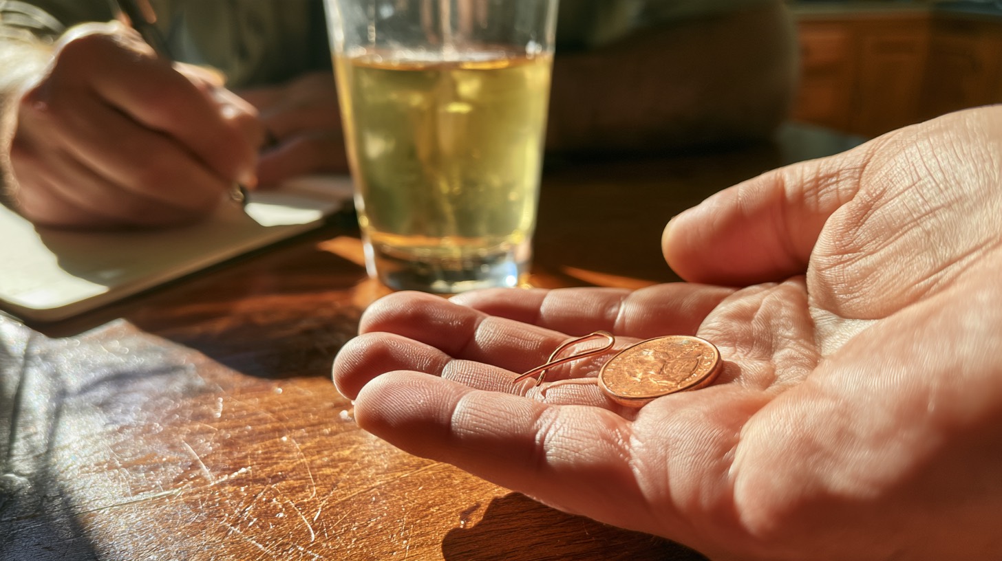 A hand holding a copper-colored coin and wire away from a glass of cider