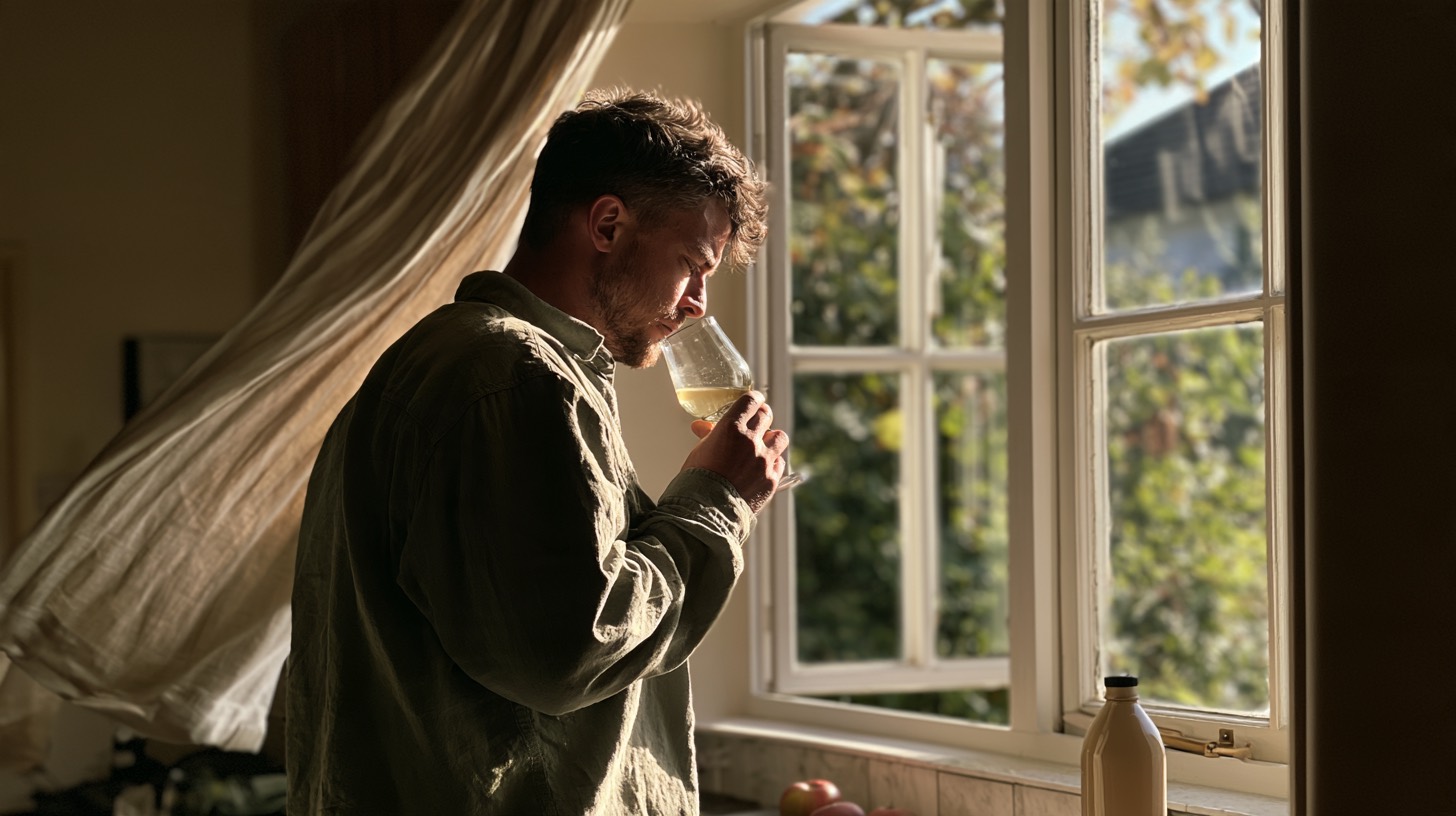 A home cidermaker evaluating a glass of cider beside an open window