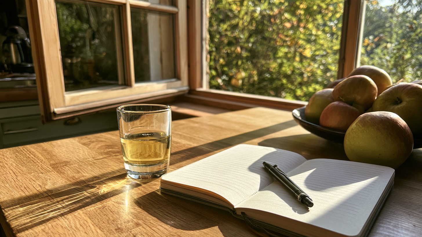 A glass of pale cider and an open notebook beside a sunny open window