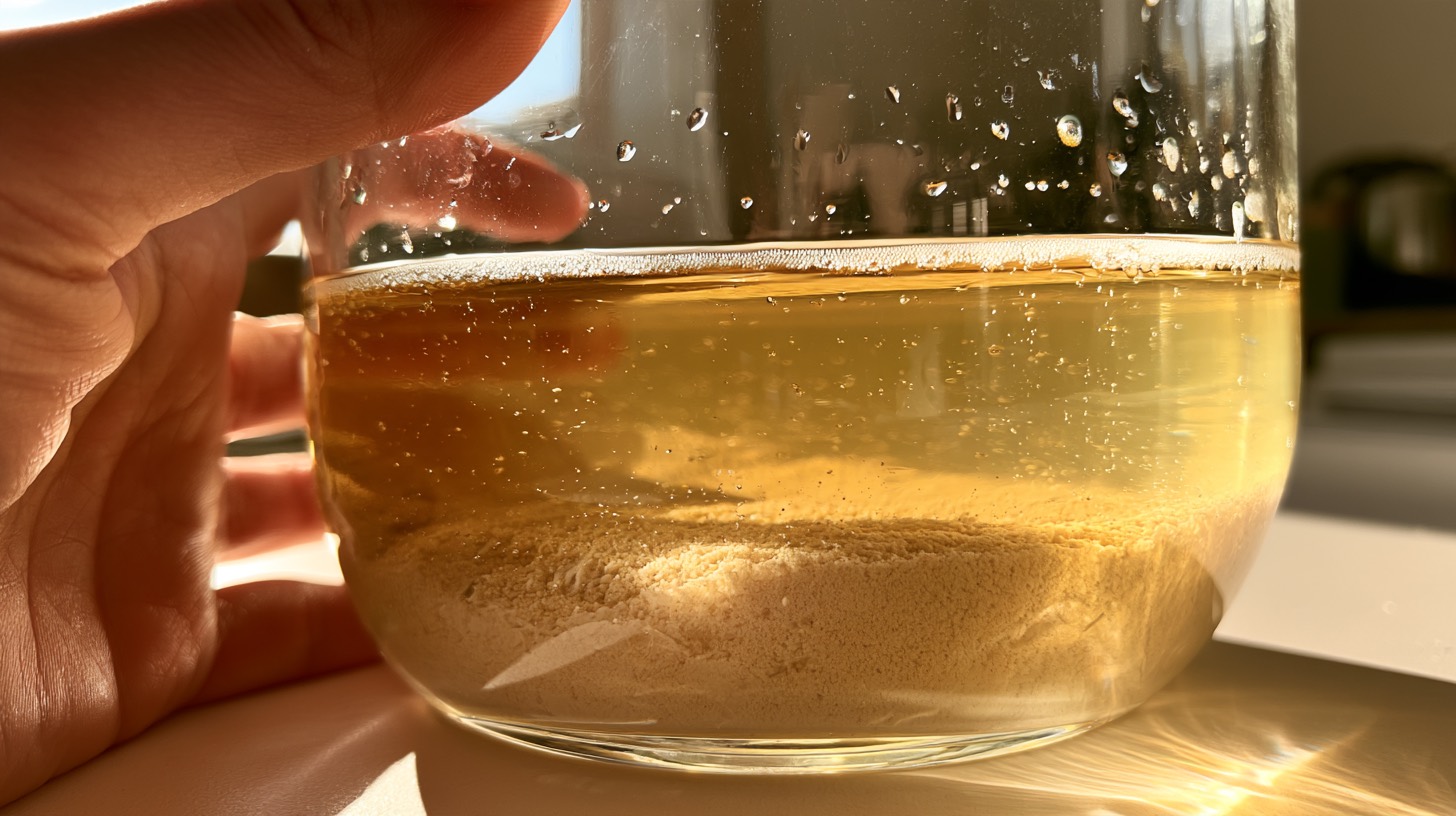 A close view of pale cider resting above a compact layer of yeast sediment