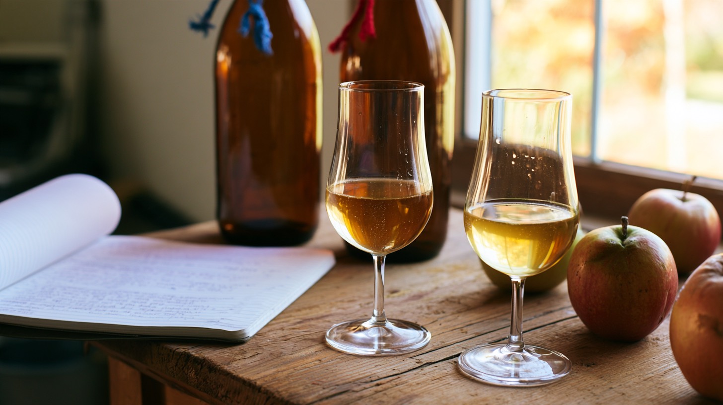 Two glasses of finished cider beside matching brown bottles and apples