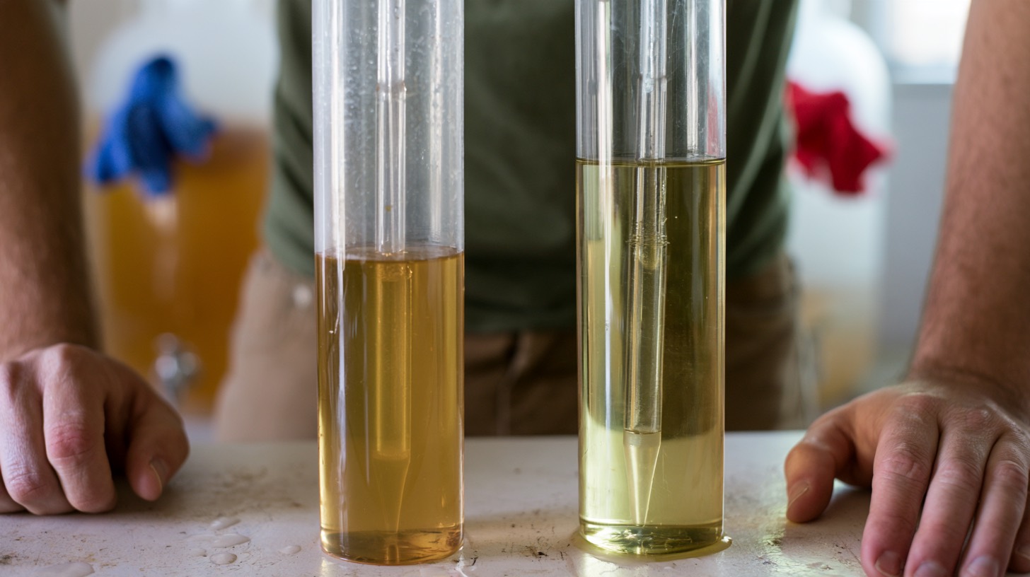 Two hydrometers in testing cylinders used to compare cider gravity