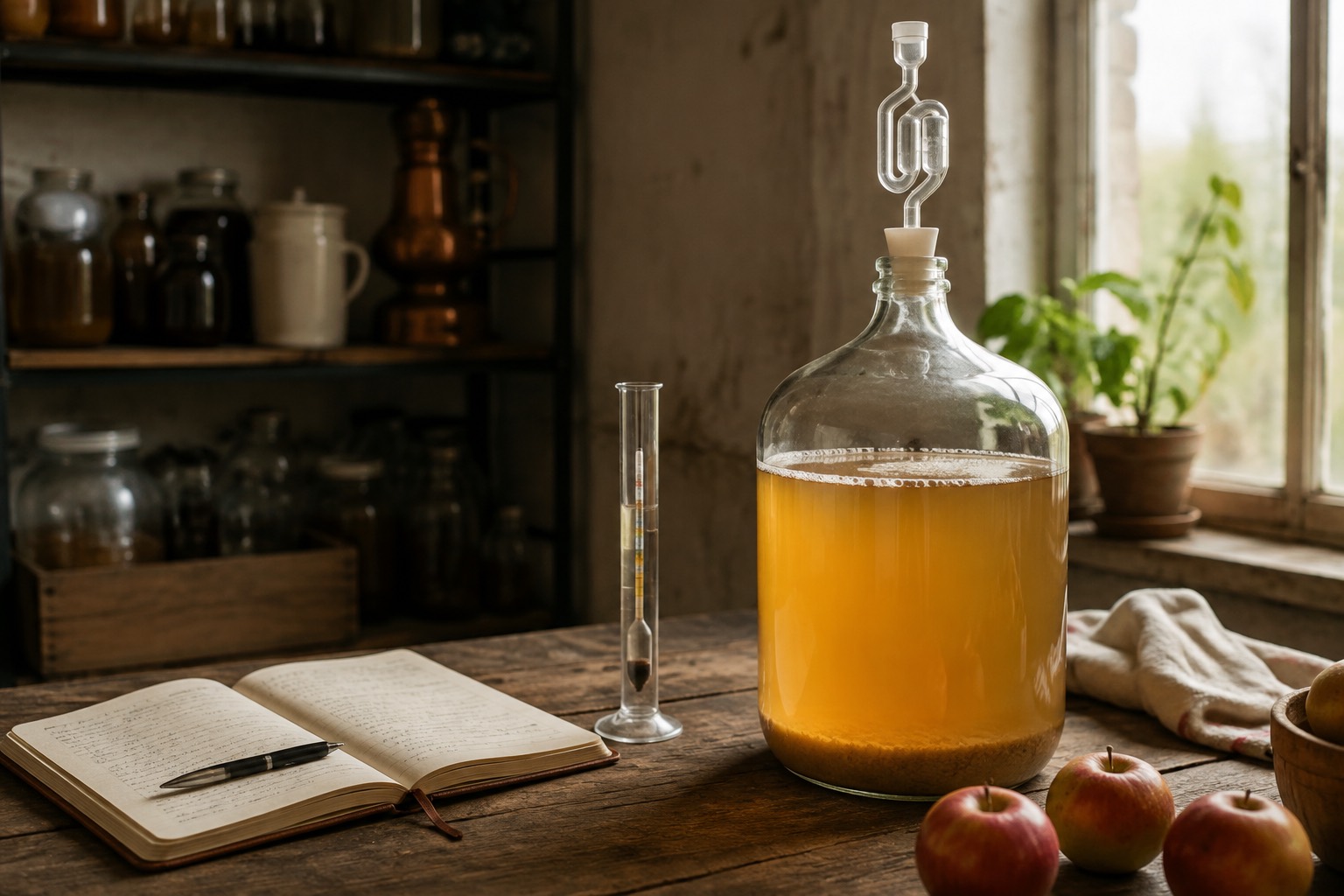 Glass carboy of amber cider beside a hydrometer cylinder and an open notebook on a wooden worktable