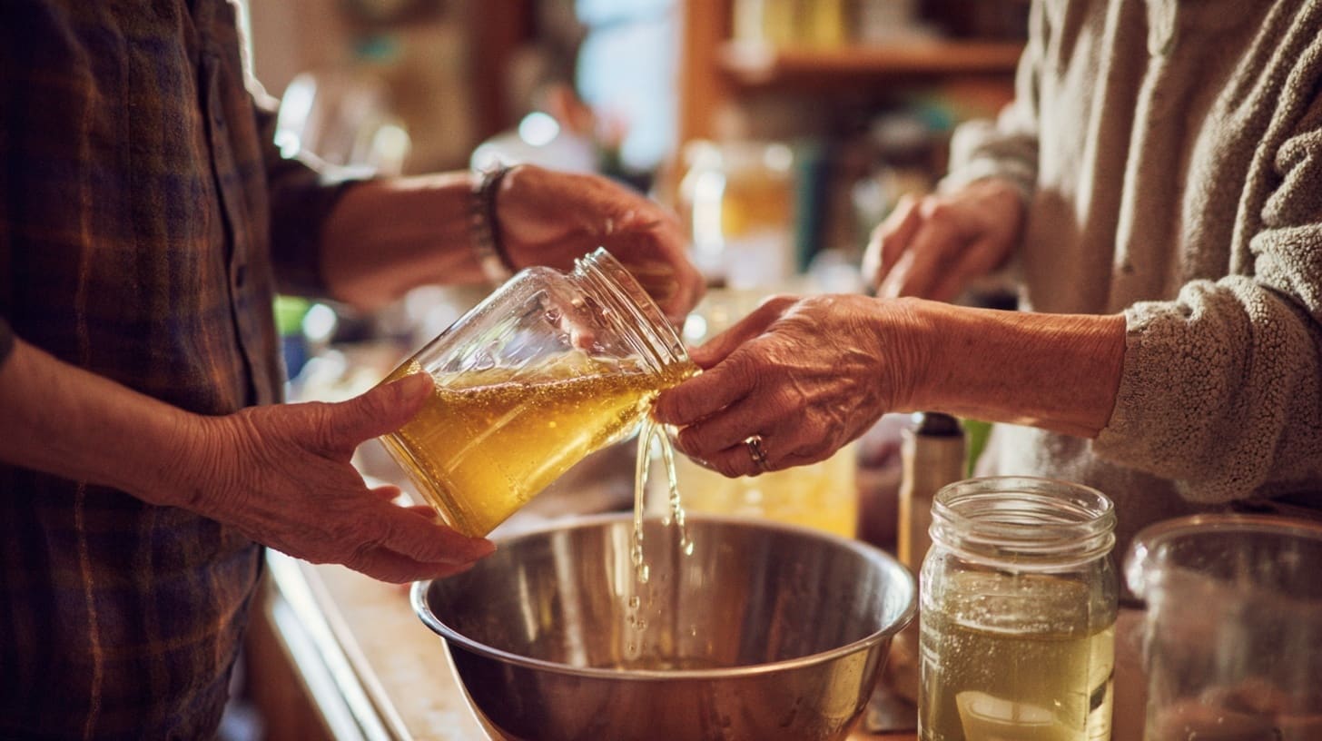 A jar of honey and a one-gallon fermenter prepared for a traditional mead