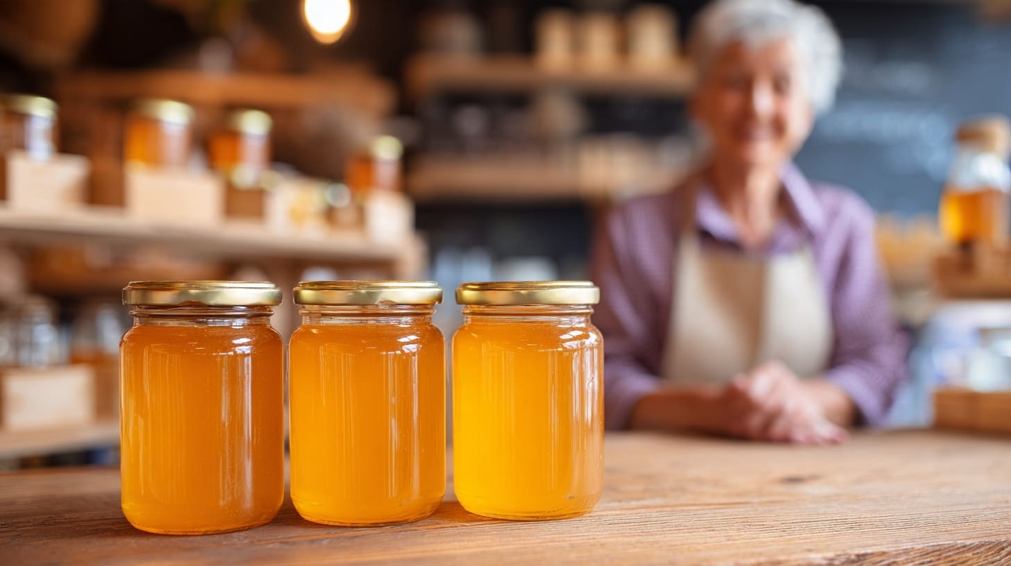 A jar of honey and a measuring cup for traditional mead