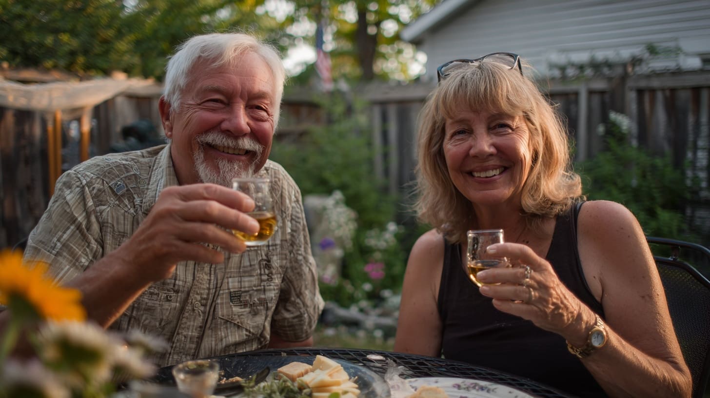 A tasting glass of pale traditional mead on a picnic table